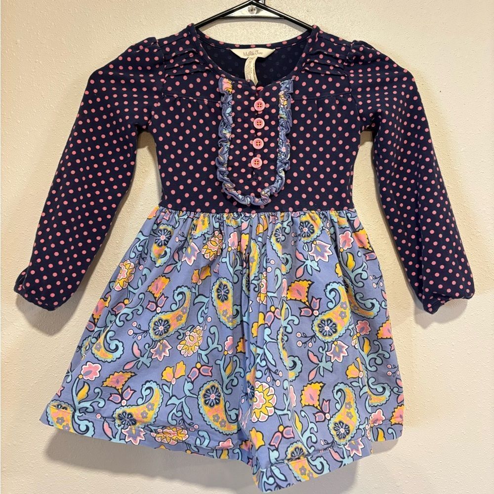 Matilda Jane To The Market dress in navy blue with pink polka dots